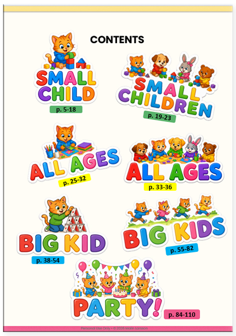 Table of contents showing activities sorted by age, group size and occasion